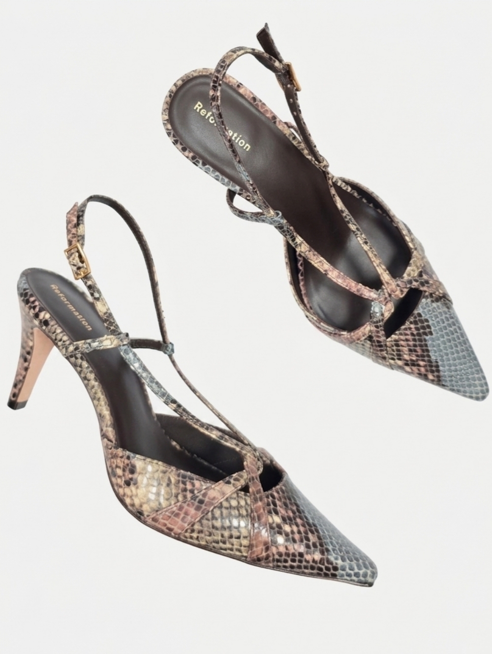 Reformation Patty Slingback Kitten Heels Snakeskin Print Pointed Toe Size 7.5